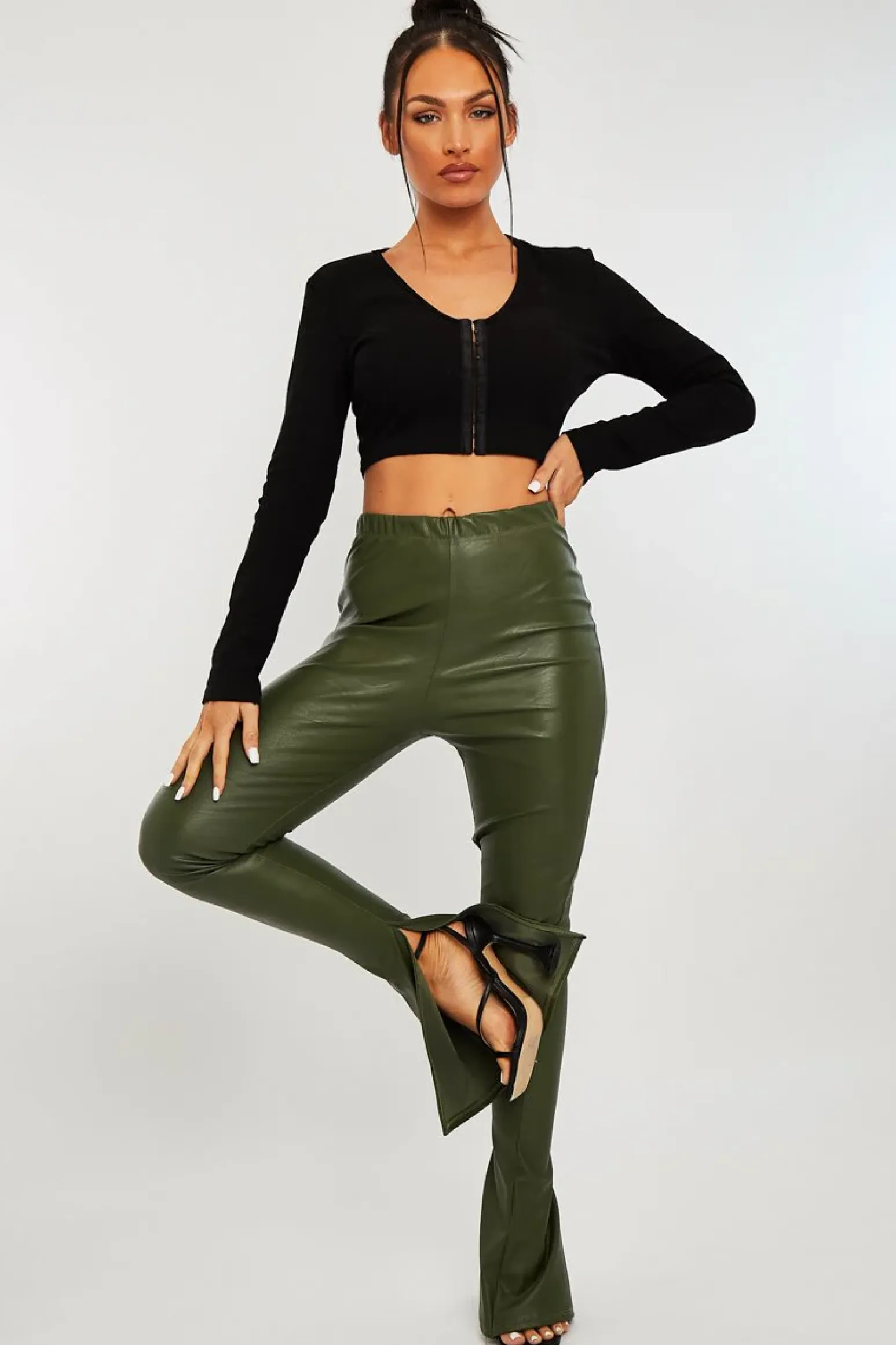Rebellious Fashion Khaki Side Split Flared Skinny PU Trouser - Zylah