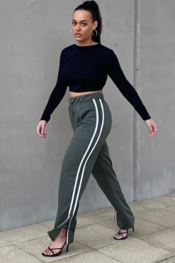 Rebellious Fashion Khaki Side Stripe Split Hem Wide Leg Joggers - Karris