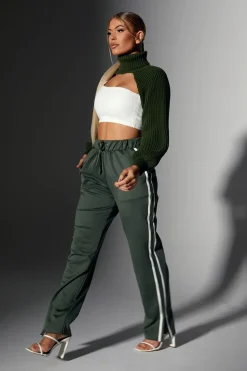 Rebellious Fashion Khaki Side Stripe Split Hem Wide Leg Joggers - Karris