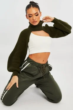Rebellious Fashion Khaki Side Stripe Split Hem Wide Leg Joggers - Karris