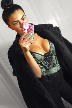 Rebellious Fashion Khaki Snake Print Lace Panelled Bodysuit - Lenya