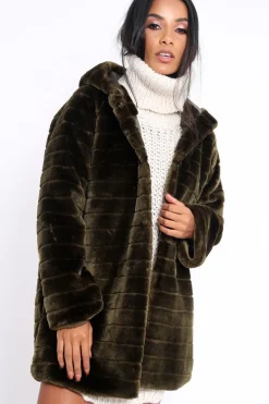 Rebellious Fashion Khaki Soft Faux Fur Hooded Coat - Kila