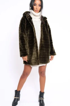 Rebellious Fashion Khaki Soft Faux Fur Hooded Coat - Kila