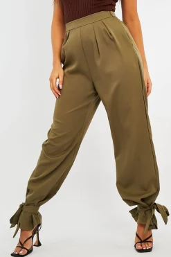 Rebellious Fashion Khaki Straight Leg Ankle Tie Trouser - Darby