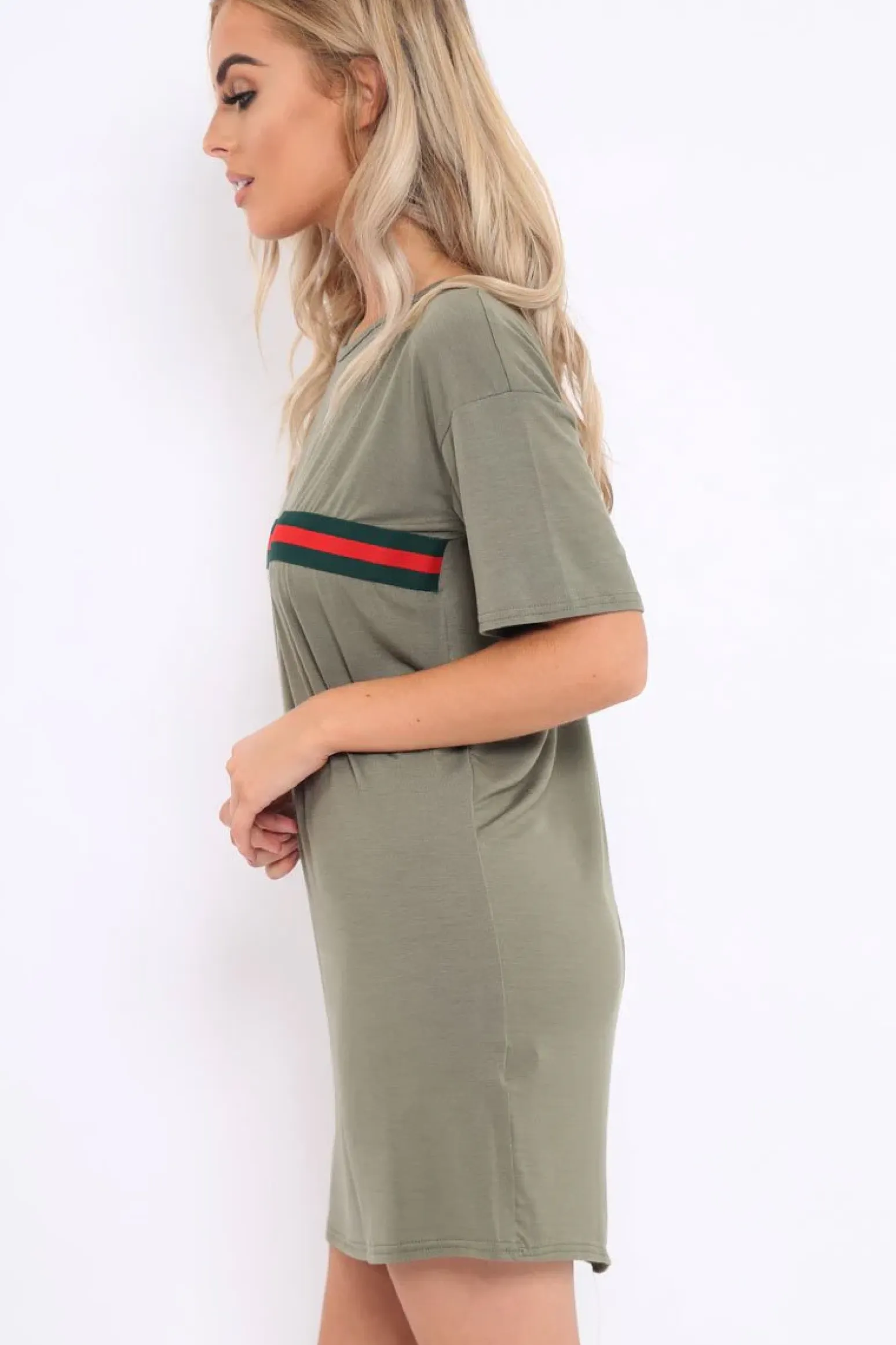 Rebellious Fashion Khaki Stripe Front T Shirt Dress - Kamden