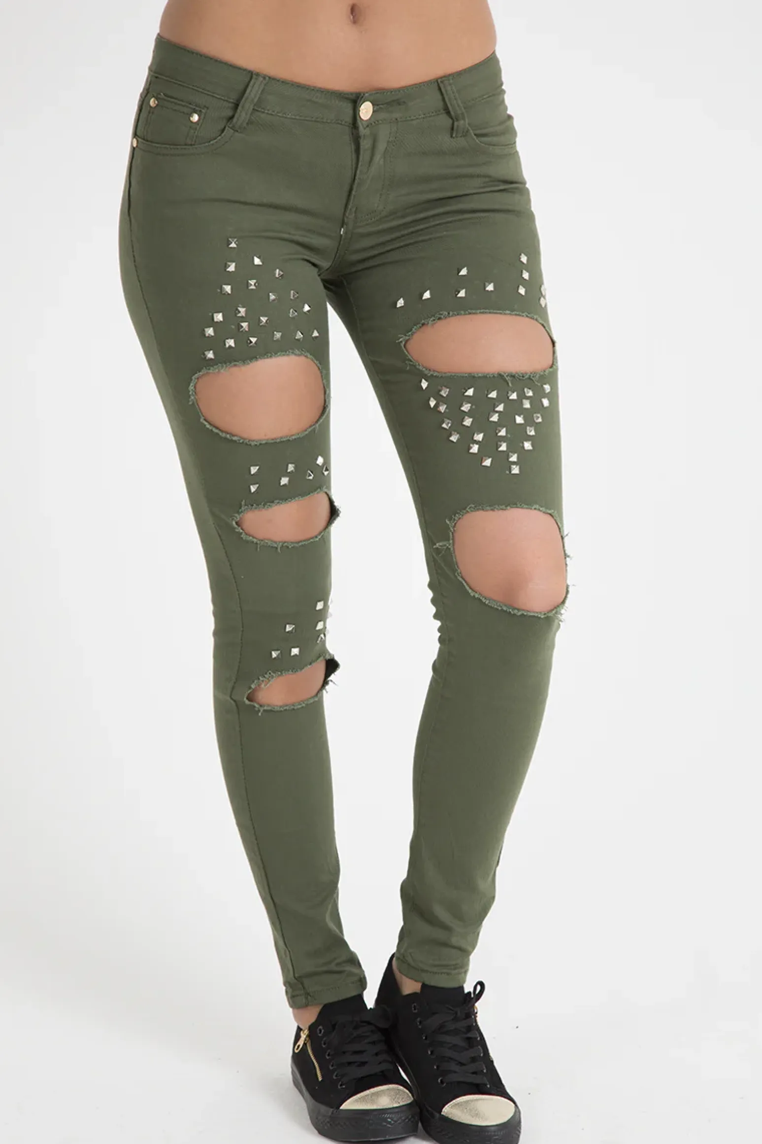 Rebellious Fashion Khaki Studded Ripped Jeans - Christina