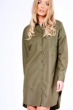 Rebellious Fashion Khaki Stud Detail Oversized Shirt Dress - Ivona