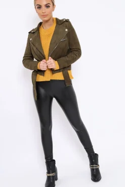 Rebellious Fashion Khaki Suede Biker Jacket - Anja