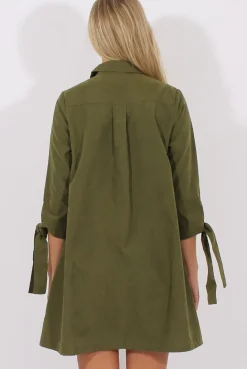 Rebellious Fashion Khaki Suede Tie Cuff Oversized Shirt Dress - Deborah
