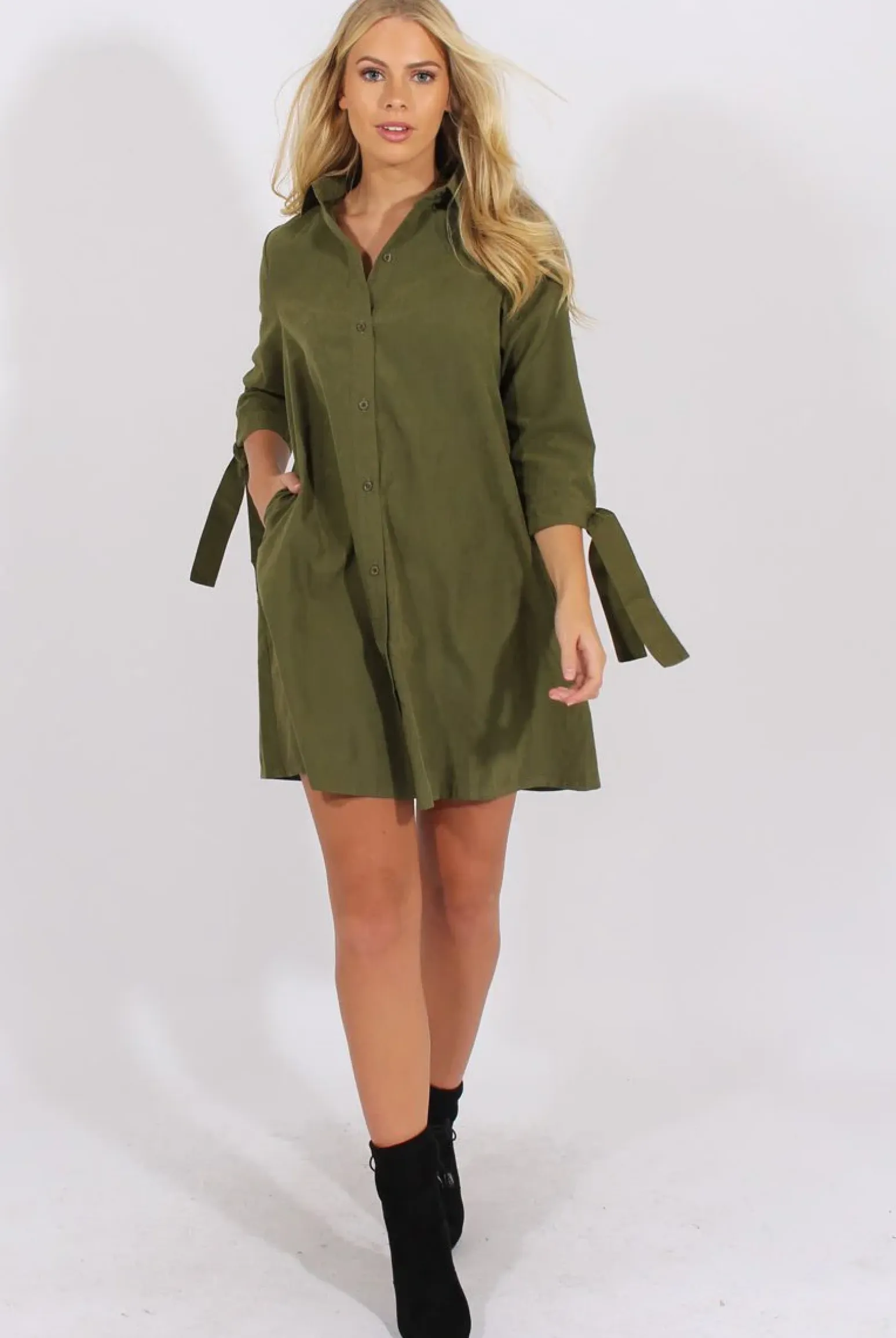 Rebellious Fashion Khaki Suede Tie Cuff Oversized Shirt Dress - Deborah