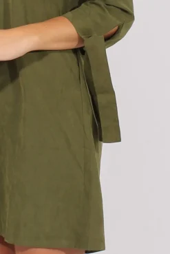 Rebellious Fashion Khaki Suede Tie Cuff Oversized Shirt Dress - Deborah