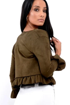 Rebellious Fashion Khaki Suedette Frill Hems Jacket - Elsa
