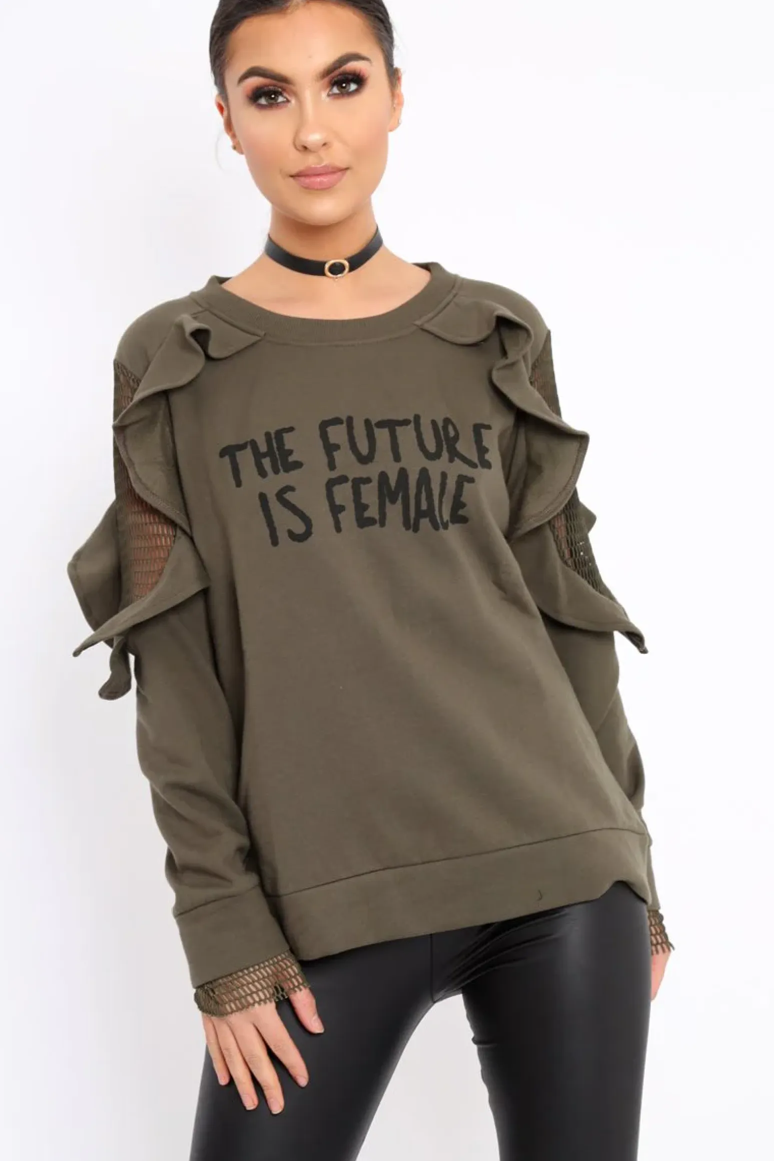 Rebellious Fashion Khaki The Future Is Female Fishnet Frill Jumper - Jaeonna