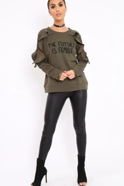 Rebellious Fashion Khaki The Future Is Female Fishnet Frill Jumper - Jaeonna