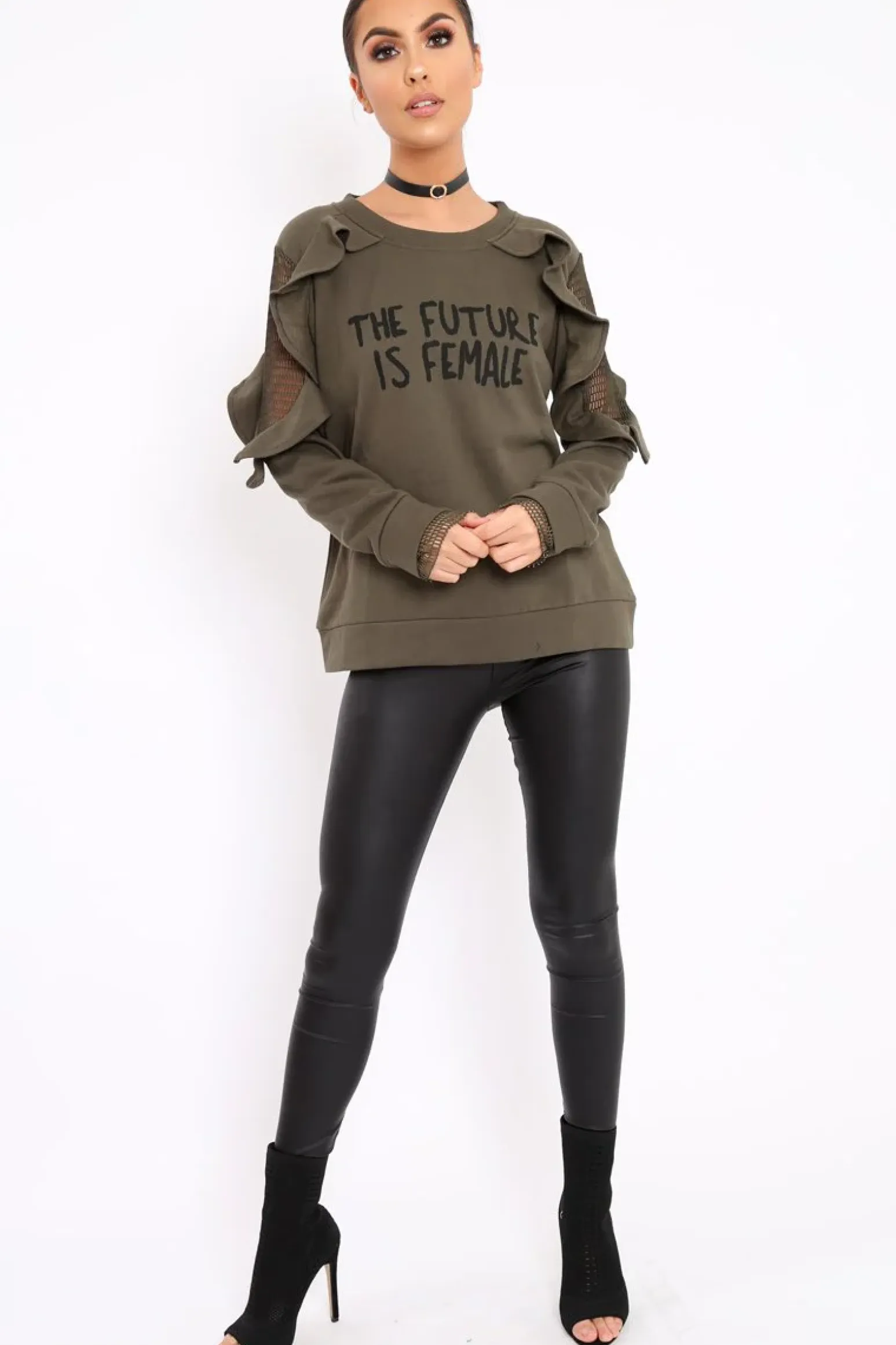 Rebellious Fashion Khaki The Future Is Female Fishnet Frill Jumper - Jaeonna