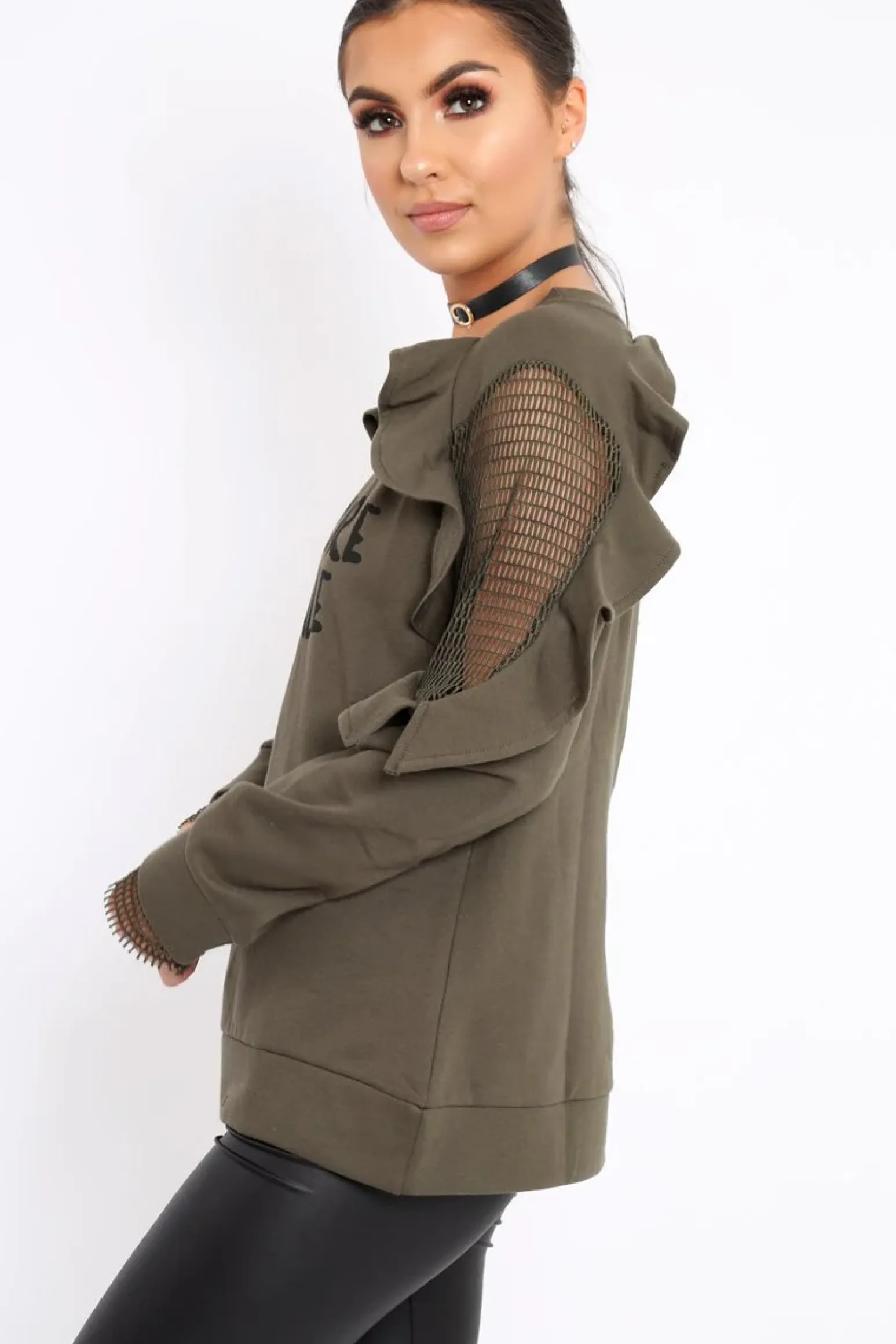 Rebellious Fashion Khaki The Future Is Female Fishnet Frill Jumper - Jaeonna