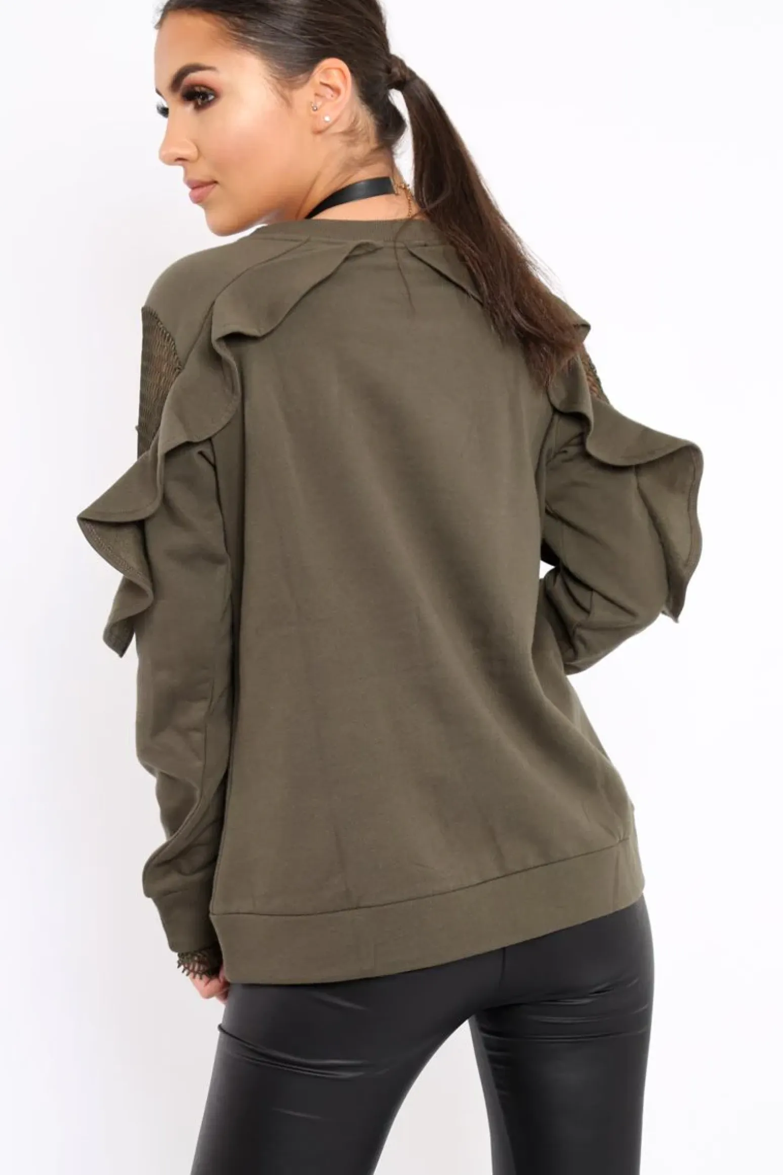 Rebellious Fashion Khaki The Future Is Female Fishnet Frill Jumper - Jaeonna