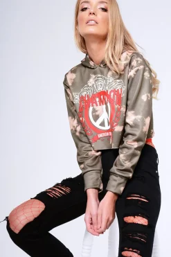 Rebellious Fashion Khaki Tie Dye Cropped Champion Graphic Hoodie - Lauren
