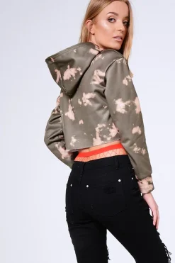 Rebellious Fashion Khaki Tie Dye Cropped Champion Graphic Hoodie - Lauren