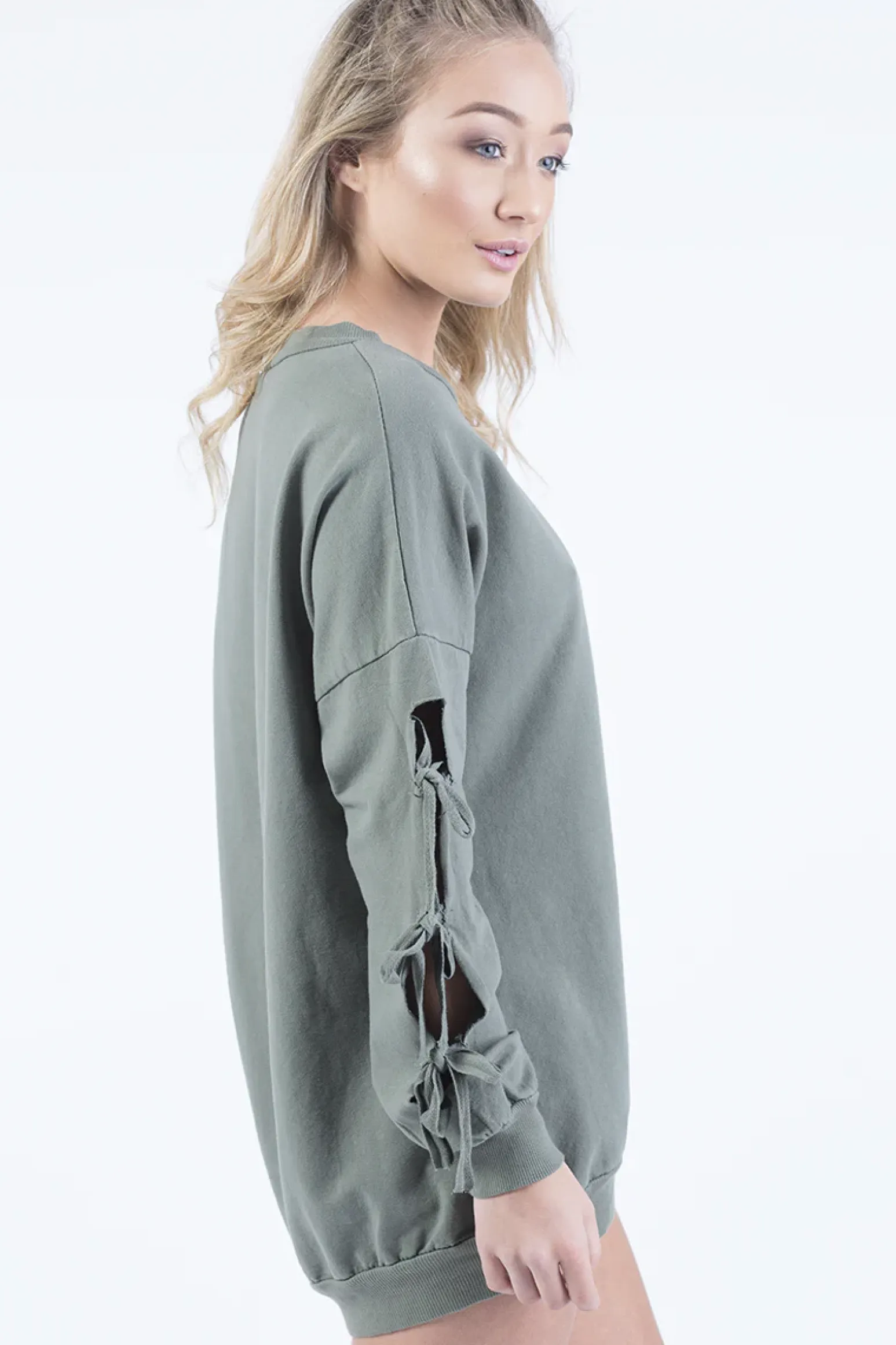 Rebellious Fashion Khaki Tie Sleeve Detail Jumper Dress - Gina