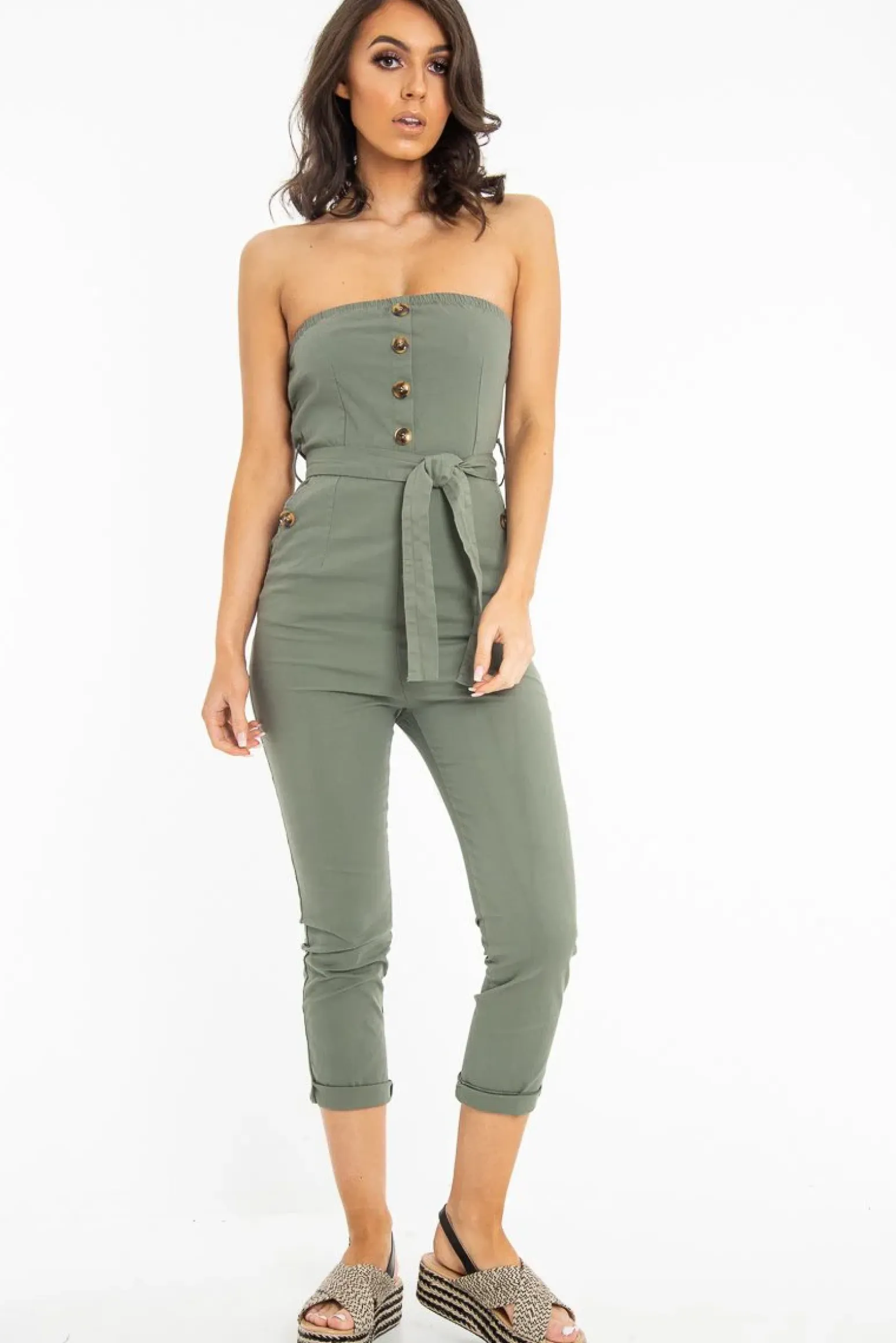 Rebellious Fashion Khaki Tie Waist Sleeveless Jumpsuit - Tamya