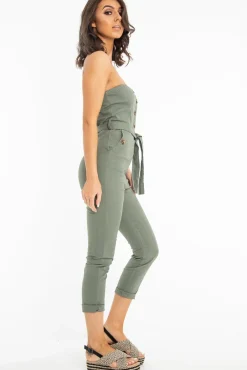 Rebellious Fashion Khaki Tie Waist Sleeveless Jumpsuit - Tamya