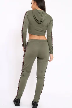 Rebellious Fashion Khaki Tracksuit with Red White and Black Side Stripe - Kasey