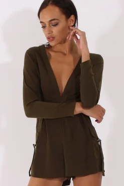 Rebellious Fashion Khaki Utility Plunge Playsuit - Bethan