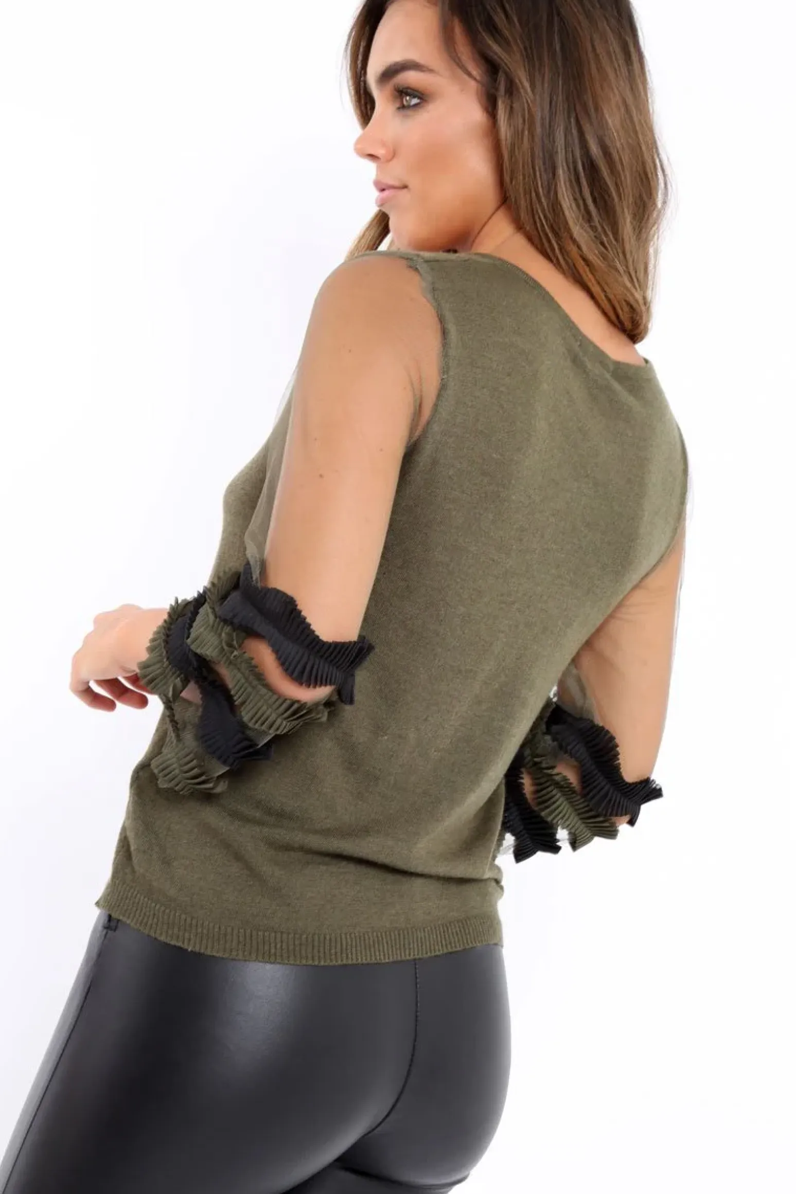 Rebellious Fashion Khaki V Neck Jumper with Mesh Ruffled Sleeves - Amirah