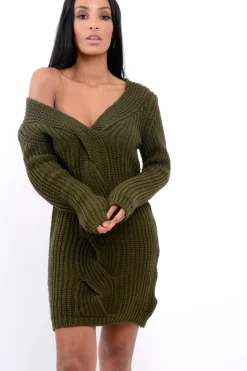 Rebellious Fashion Khaki V Neck Twist Knit Jumper Dress - Tilly