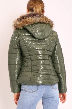 Rebellious Fashion Khaki Wet Look Puffer Coat - Soph