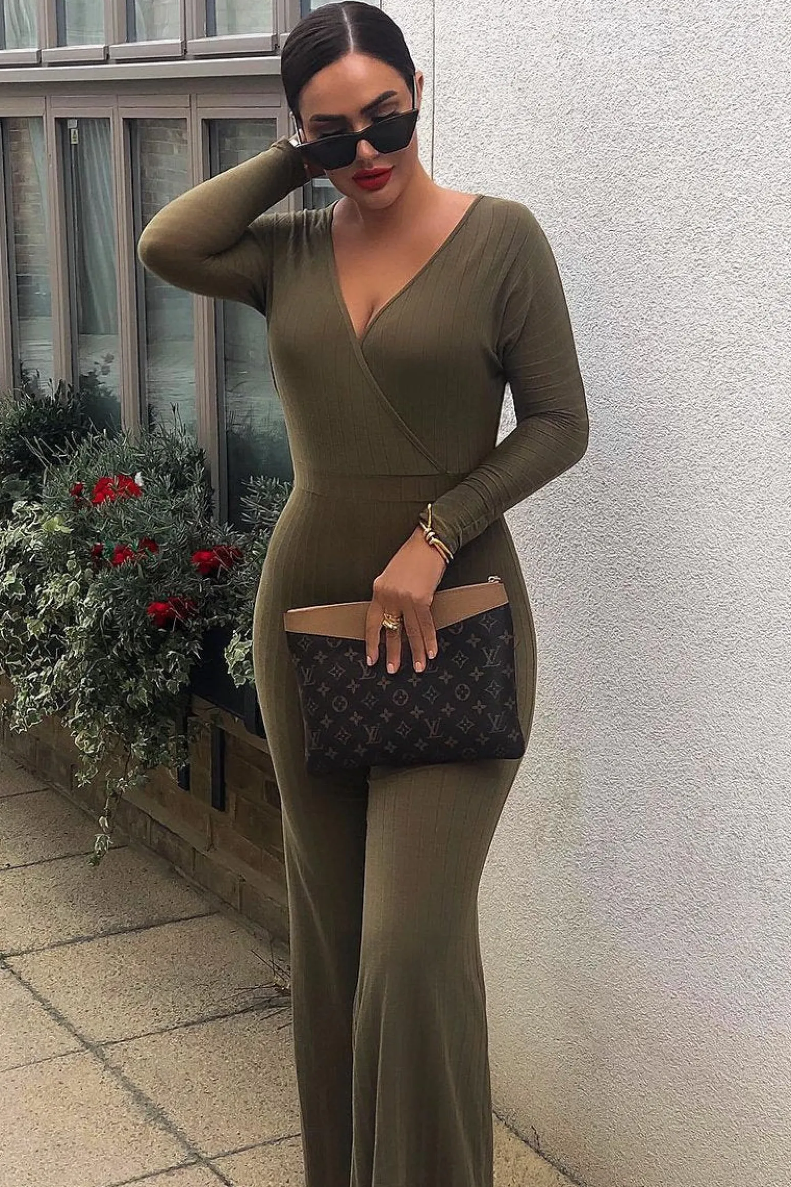 Rebellious Fashion Khaki Wide Leg Rib Plunge Jersey Jumpsuit - Tarlia