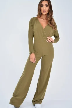 Rebellious Fashion Khaki Wide Leg Rib Plunge Jersey Jumpsuit - Tarlia