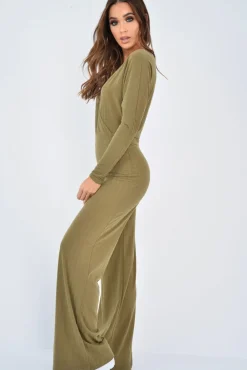 Rebellious Fashion Khaki Wide Leg Rib Plunge Jersey Jumpsuit - Tarlia
