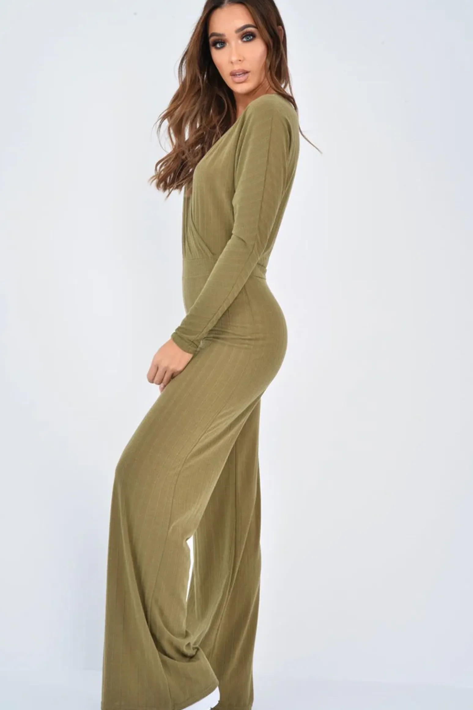 Rebellious Fashion Khaki Wide Leg Rib Plunge Jersey Jumpsuit - Tarlia