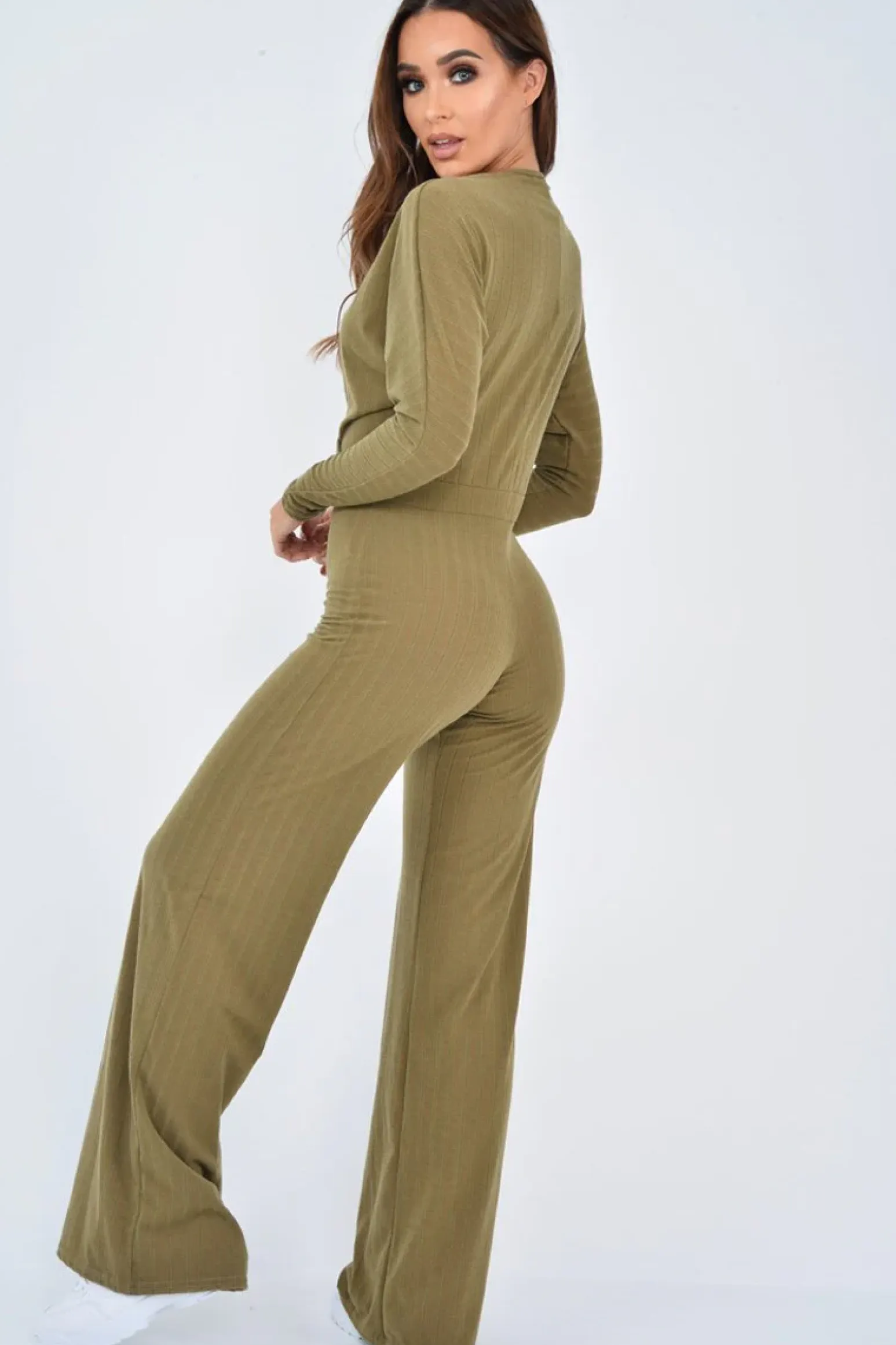 Rebellious Fashion Khaki Wide Leg Rib Plunge Jersey Jumpsuit - Tarlia