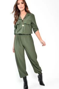 Rebellious Fashion Khaki Woven Button Down Boiler Jumpsuit - Janise