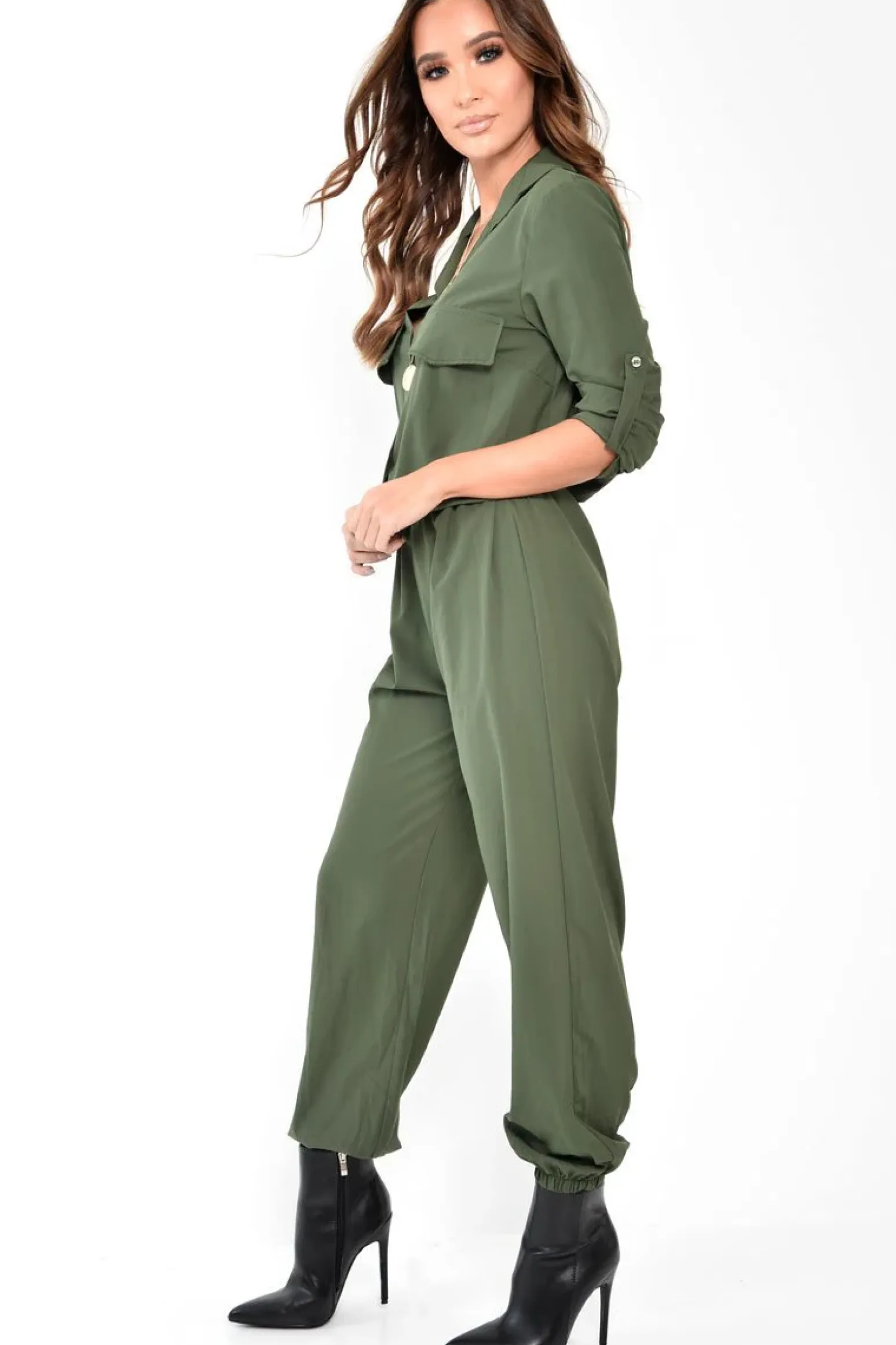 Rebellious Fashion Khaki Woven Button Down Boiler Jumpsuit - Janise
