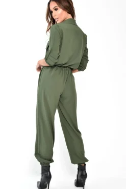 Rebellious Fashion Khaki Woven Button Down Boiler Jumpsuit - Janise
