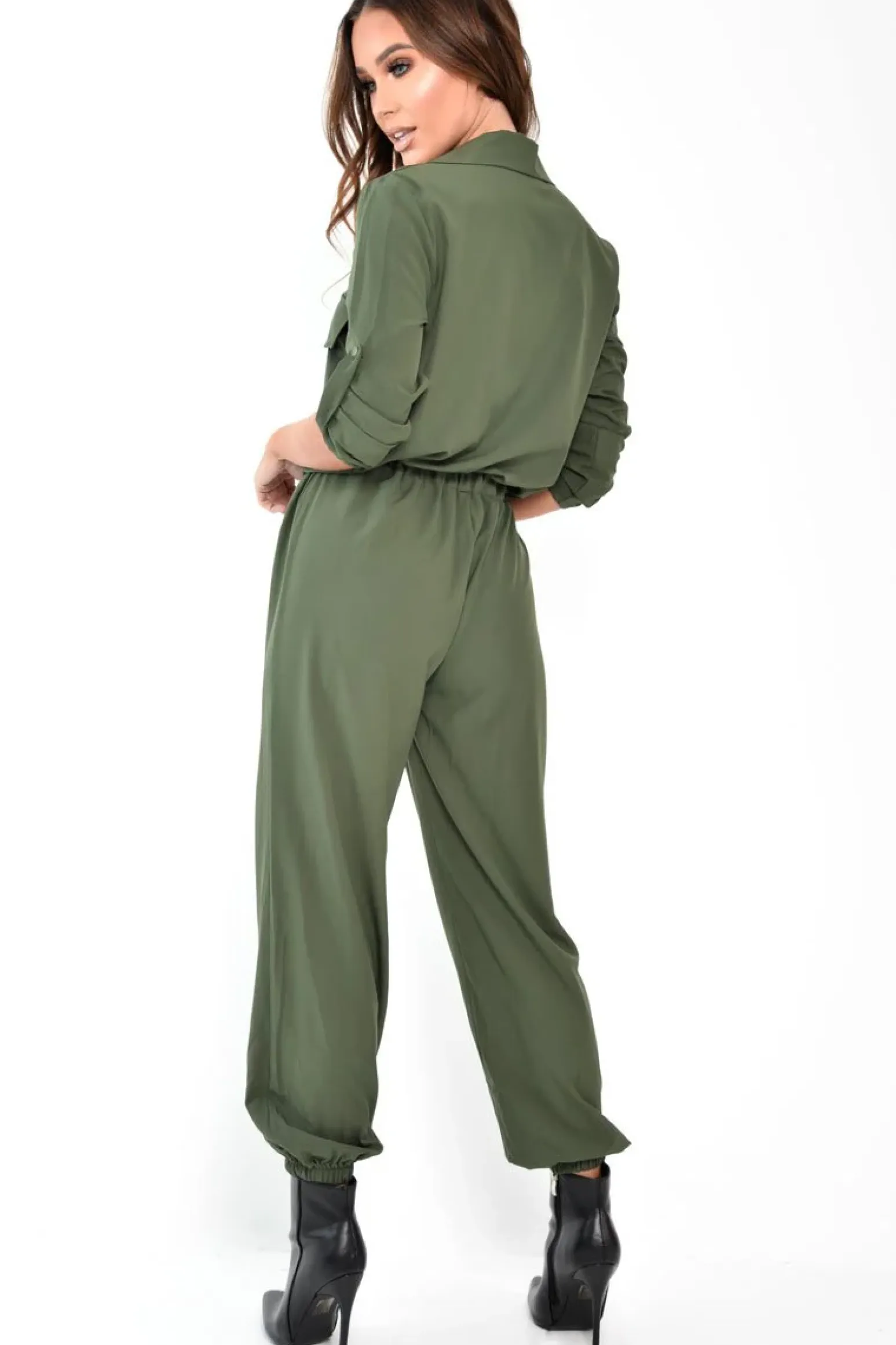 Rebellious Fashion Khaki Woven Button Down Boiler Jumpsuit - Janise