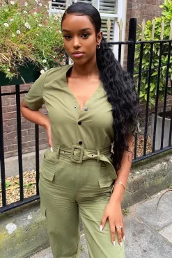 Rebellious Fashion Khaki Woven Button Front Belted Jumpsuit - Suzanna