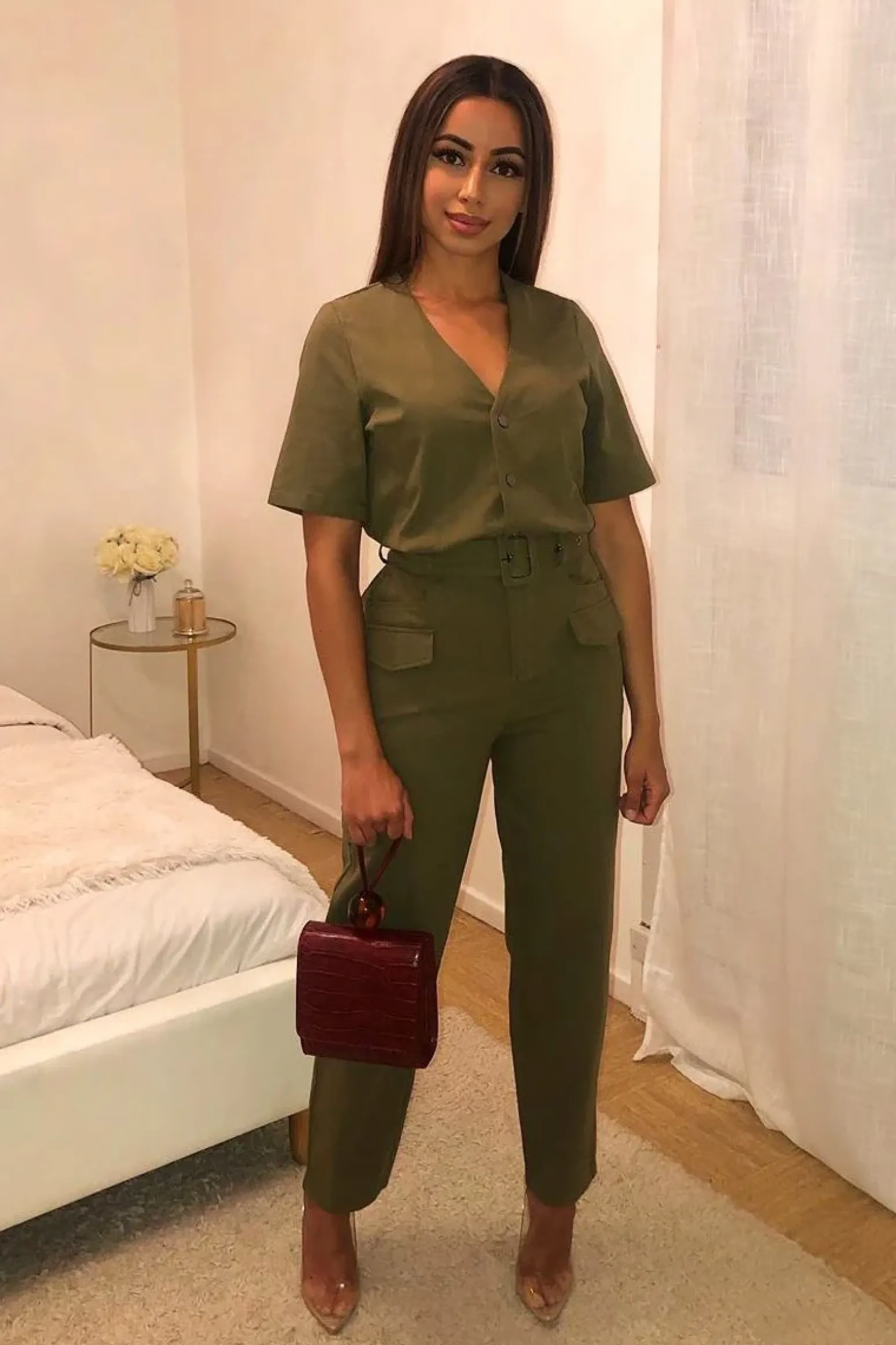 Rebellious Fashion Khaki Woven Button Front Belted Jumpsuit - Suzanna