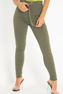 Rebellious Fashion Khaki Woven Chain Front Tailored Trousers - Cyndi