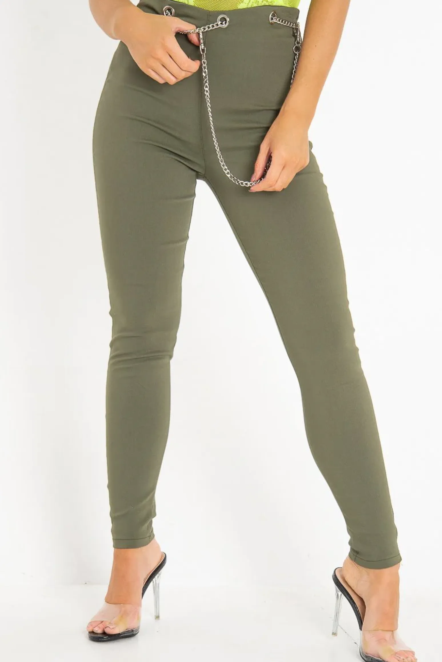 Rebellious Fashion Khaki Woven Chain Front Tailored Trousers - Cyndi