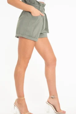 Rebellious Fashion Khaki Woven O Ring Paperbag Waist Shorts - Carmin