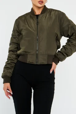 Rebellious Fashion Khaki Zip Front Bomber Jacket - Jiya