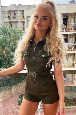 Rebellious Fashion Khaki Zip Front Eyelet Belt Denim Playsuit - Elva