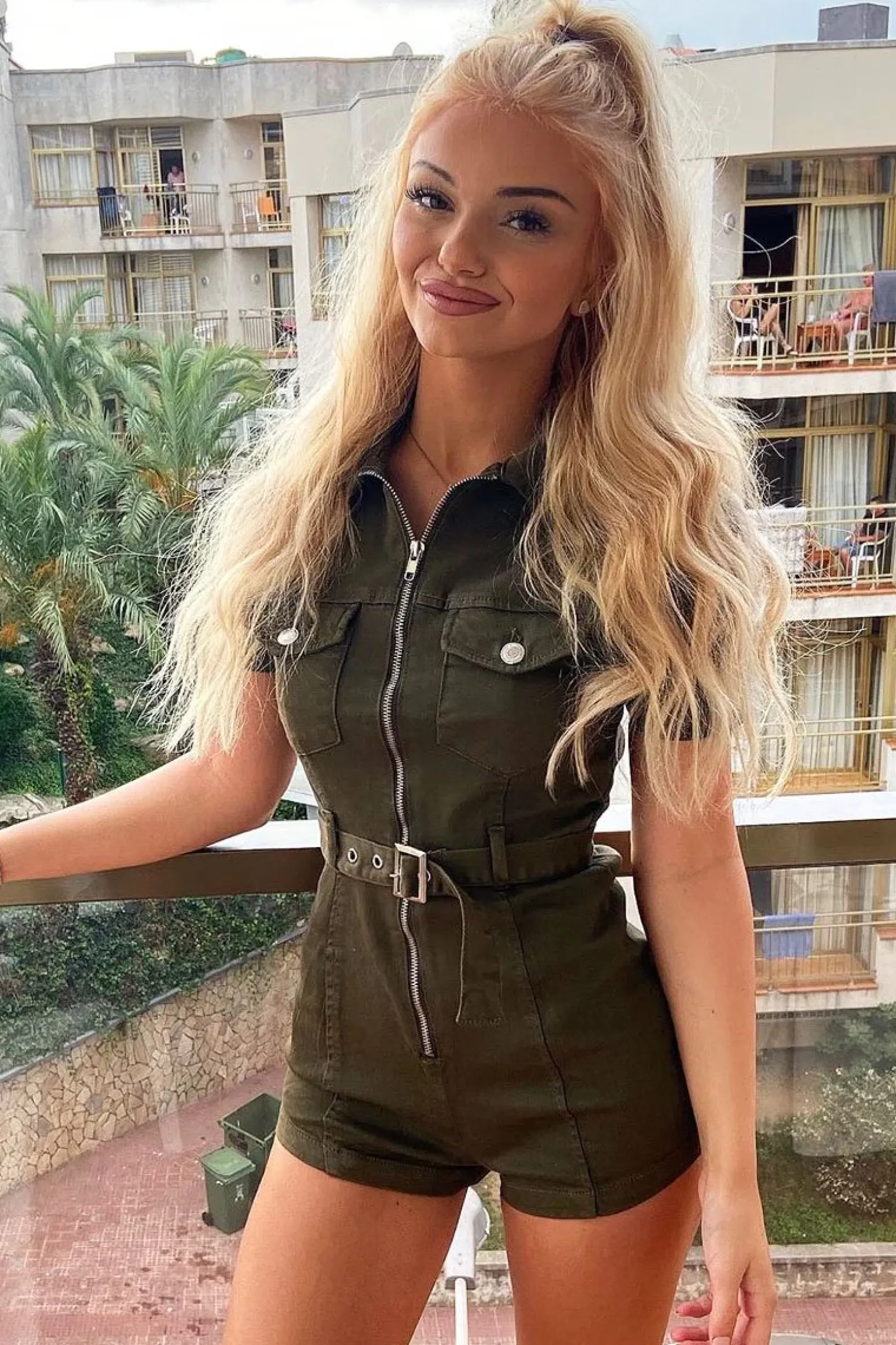 Rebellious Fashion Khaki Zip Front Eyelet Belt Denim Playsuit - Elva