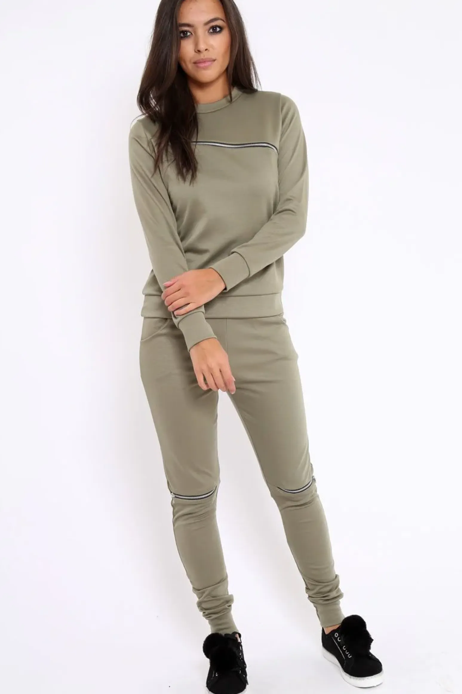 Rebellious Fashion Khaki Zip Loungewear Set - Kelly