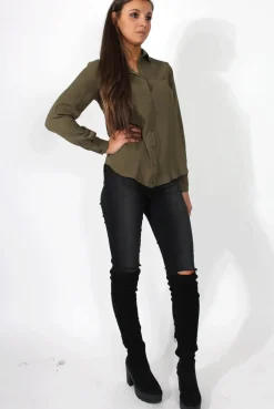 Rebellious Fashion Kira Khaki Tie Back Shirt